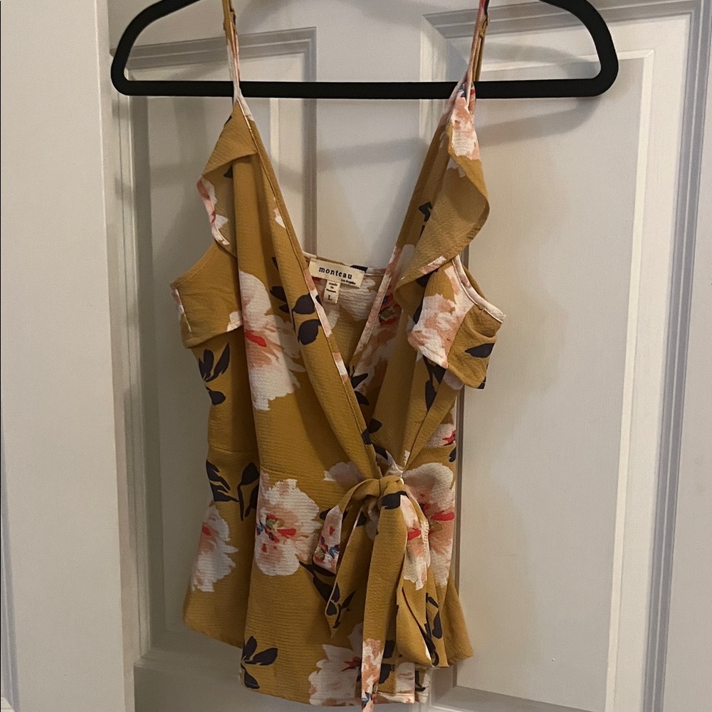 Adorable! Monteau Mustard Floral Wrap Blouse
